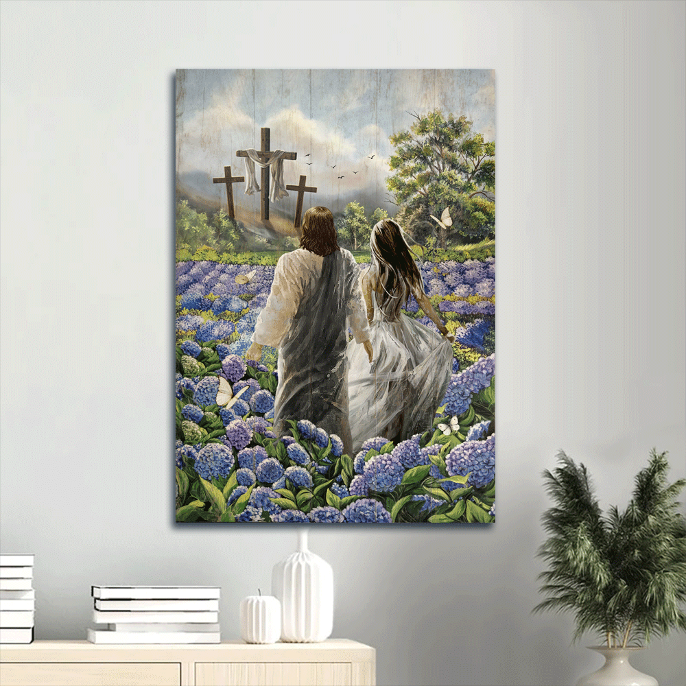 Jesus Portrait Canvas- Beautiful Flower Field, Purple Hydrangea, Walking With Jesus, Pretty Girl Canvas- Gift For Christian