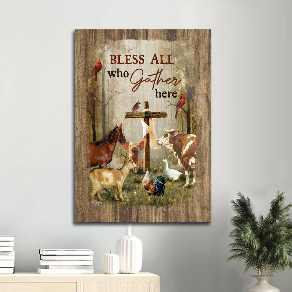 Jesus Portrait Canvas- Animals Drawing, Wooden Cross, Forest View, Red Cardinal Canvas- Gift For Christian- Bless All Who Gather Here