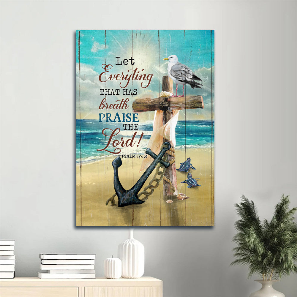 Jesus Portrait Canvas- Antique Anchor, Wooden Cross, Pretty Seagull Portrait Canvas- Gift For Christian- Let Everything That Has Breath