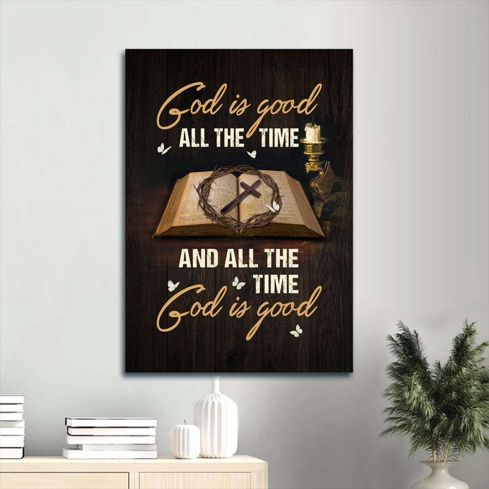 Jesus Portrait Canvas- Antique Bible, Crown Of Thorn Painting, Cross Portrait Canvas- Gift For Christian- God Is Good All The Time