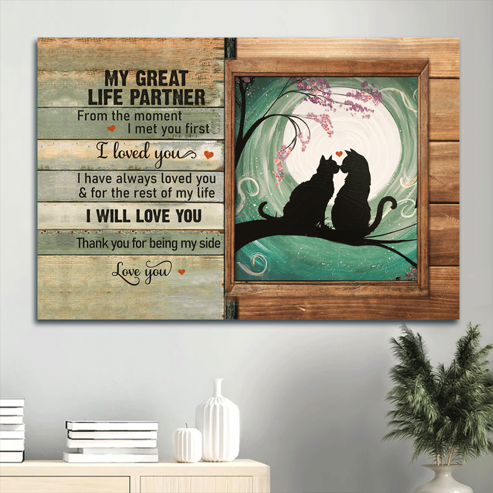 Couple Landscape Canvas- Black cat painting, Pink flower, Full-moon drawing- Gift for Couple, lover, partner- Thank you for being my side - Landscape Canvas Prints, Wall Art