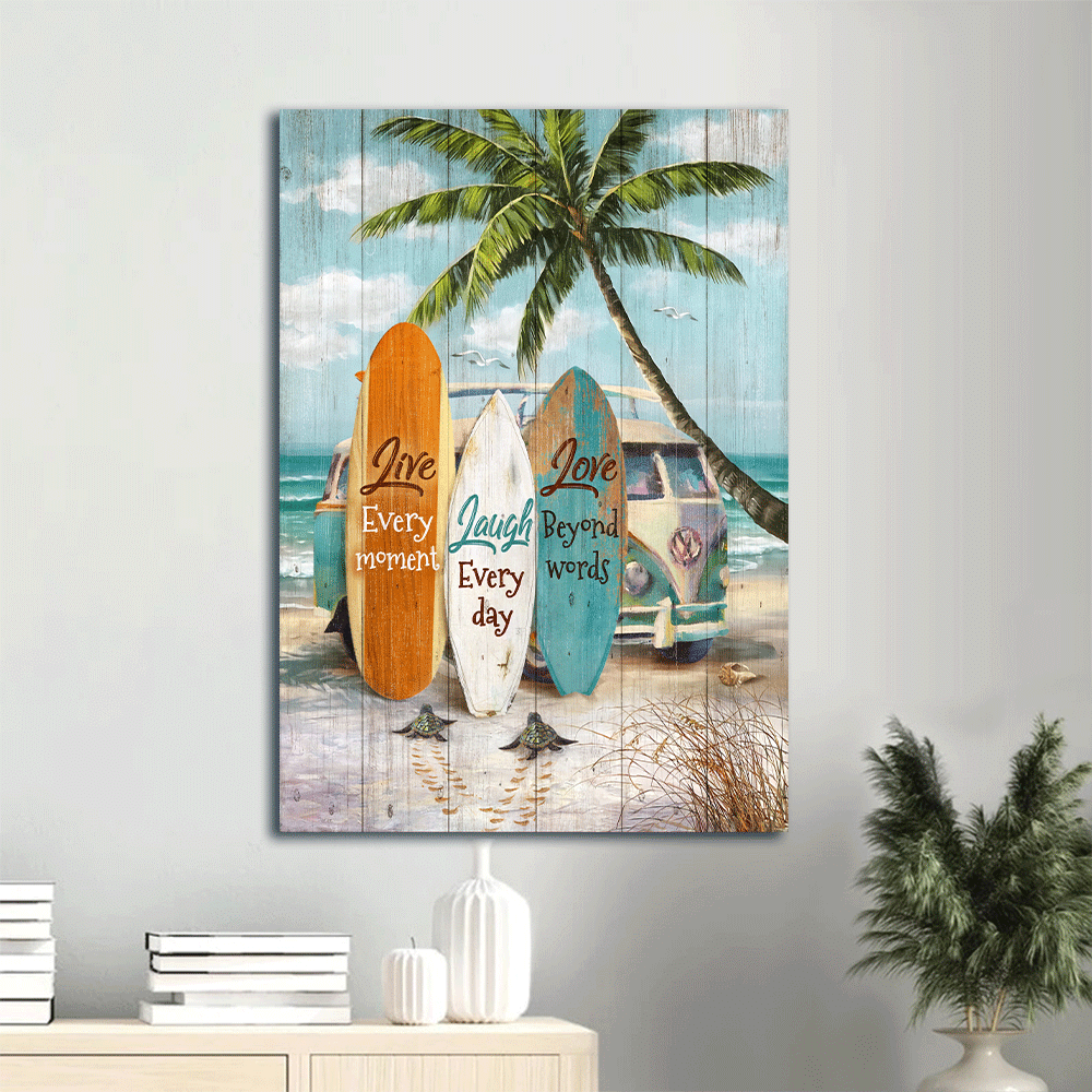 Jesus Portrait Canvas- Awesome Beach, Little Sea Turtle, Colorful Surfboard Canvas- Gift For Christian-Live Every Moment