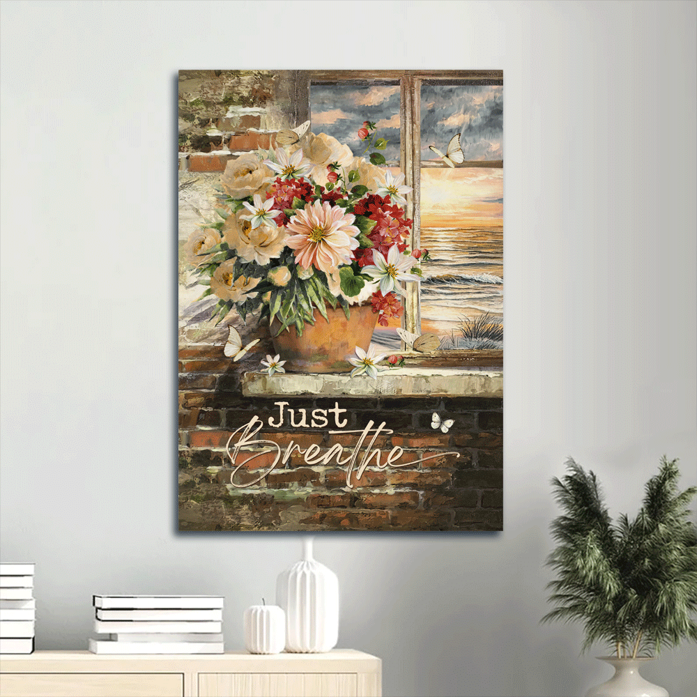 Jesus Portrait Canvas- Beautiful flowers, White peony, Ocean view, White butterfly canvas- Gift for Christian- Just breathe