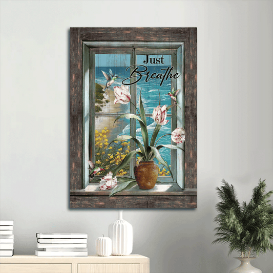 Jesus Portrait Canvas- Beautiful Flower Vase, Blue Ocean, Sunny Day, Hummingbird Canvas- Gift For Christian- Just Breathe