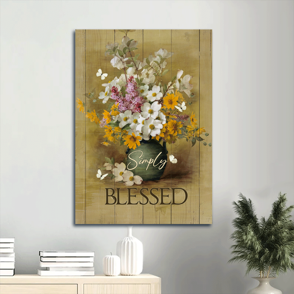 Jesus Portrait Canvas- Beautiful flower vase, Wildflower, White butterfly canvas- Gift for Christian- Simply blessed