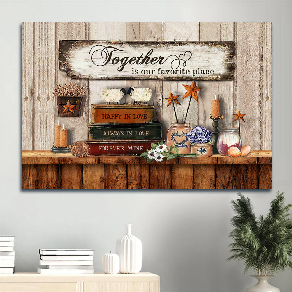 Couple Landscape Canvas - Antique book, Vintage room, Flower painting, Together is our favorite place Landscape Canvas - Gift For Couple, Spouse, Lover