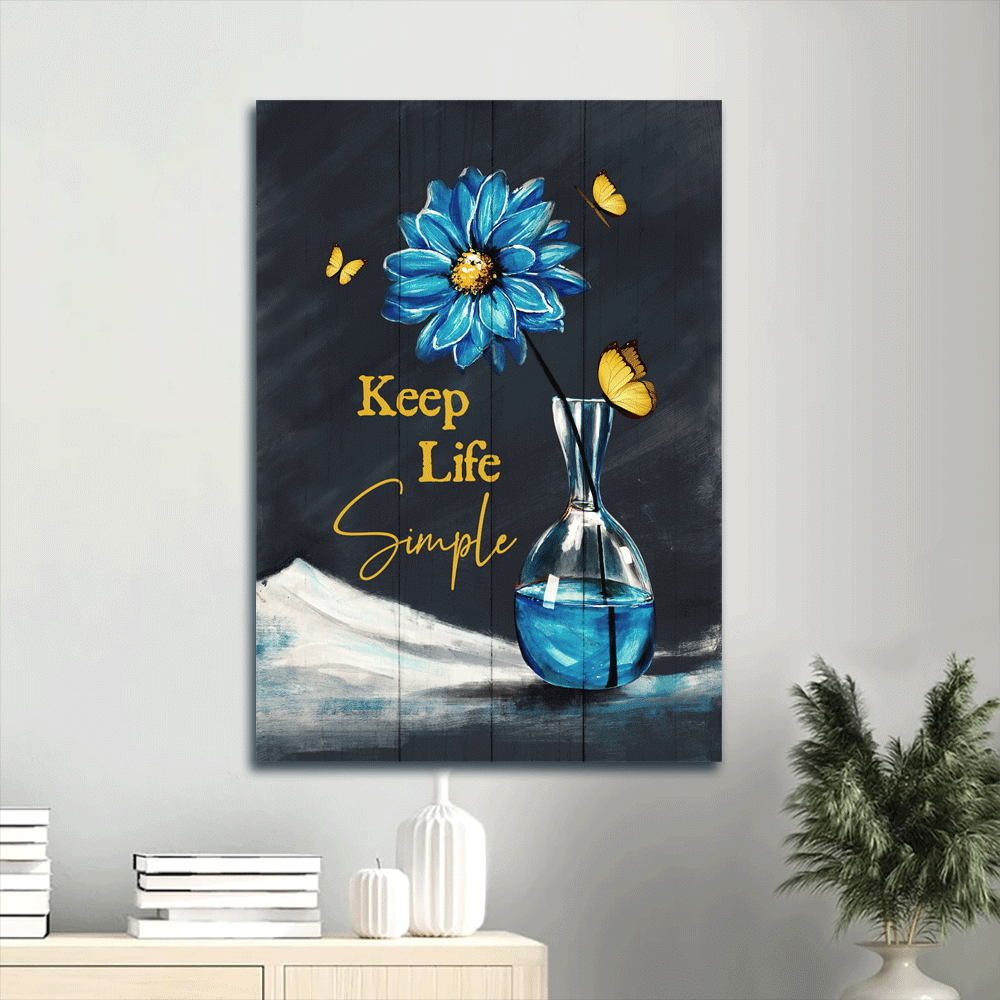 Jesus Portrait Canvas- Blue daisy drawing, Yellow butterfly, Still life painting canvas- Gift for Christian- Keep life simple - Portrait Canvas Prints, Christian Wall Art