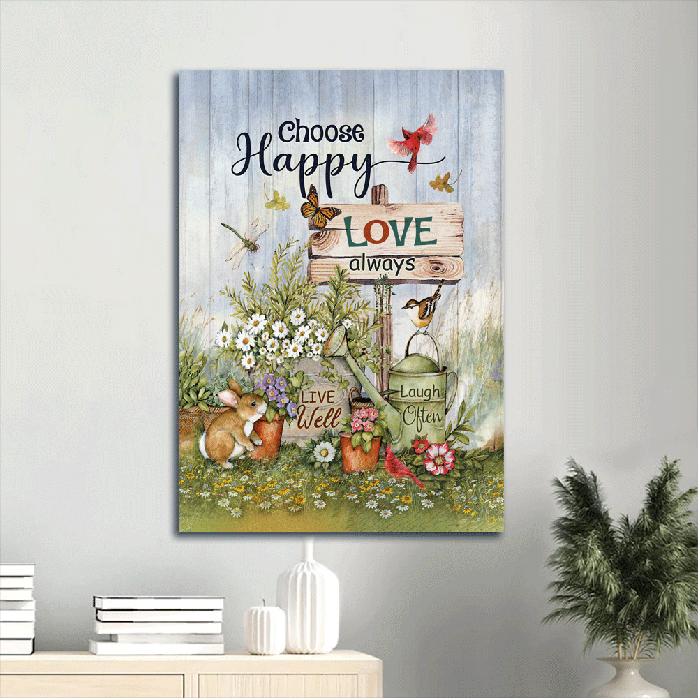 Jesus Portrait Canvas- Beautiful garden, Cute rabbit, Daisy vase canvas- Gift for Christian- Choose happy, Love always