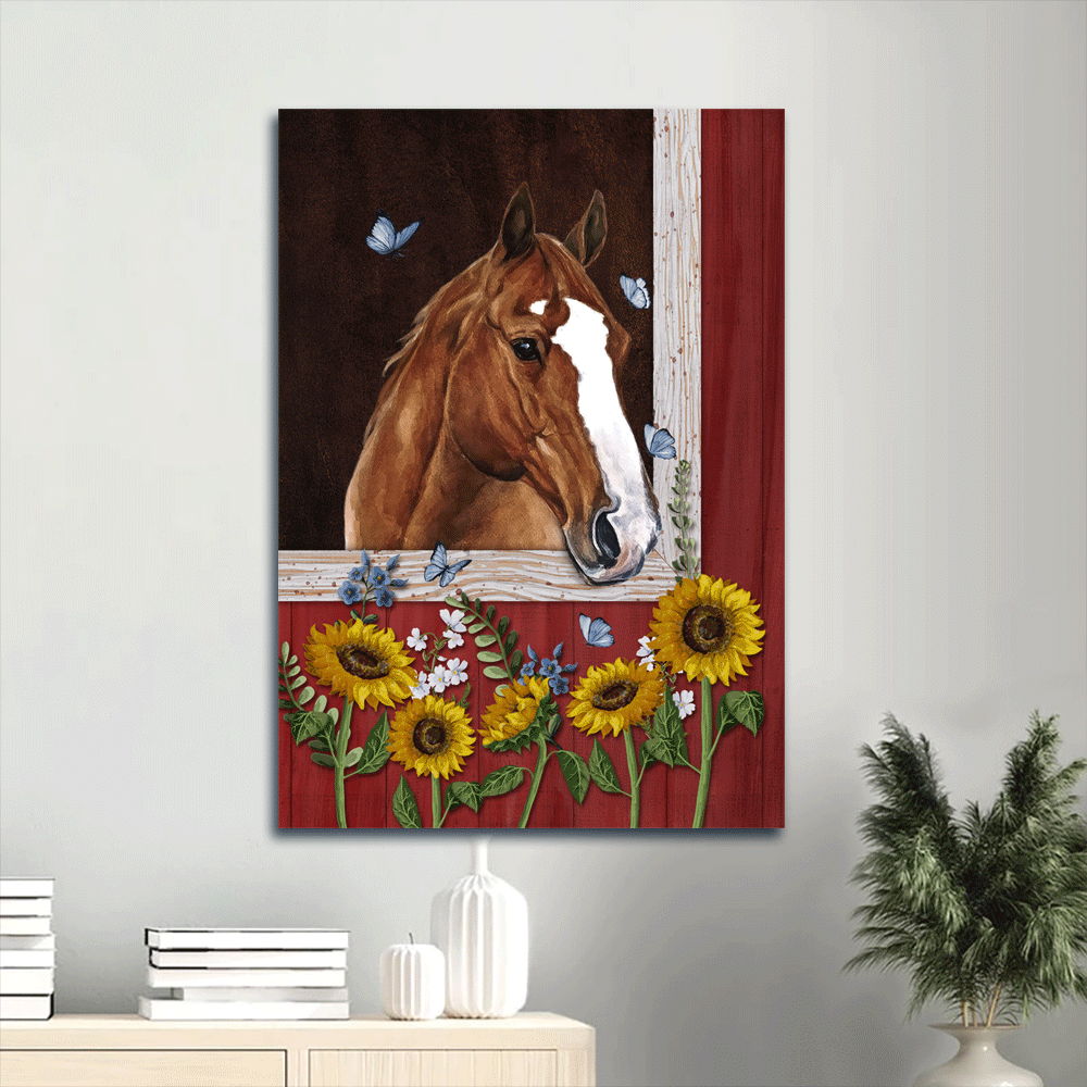 Jesus Portrait Canvas- Amazing Horse, Red Window, Pretty Sunflower Garden, Blue Butterfly Portrait Canvas- Gift For Christian, Horse Lover