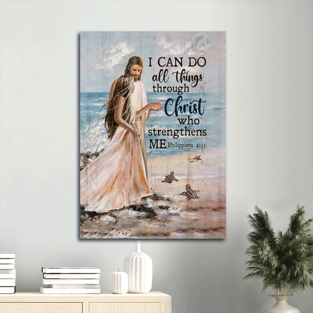 Jesus Portrait Canvas- Beautiful girl, Beach painting canvas- Gift for Christian- I can do all things through Christ who strengthens me