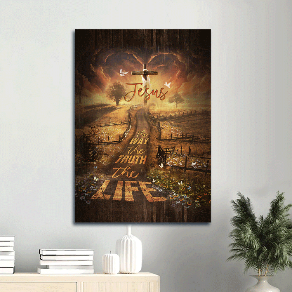 Jesus Portrait Canvas- Amazing Farm, Pretty Sunset, Daisy Field Portrait Canvas- Gift For Christian- The Way, The Truth, The Life