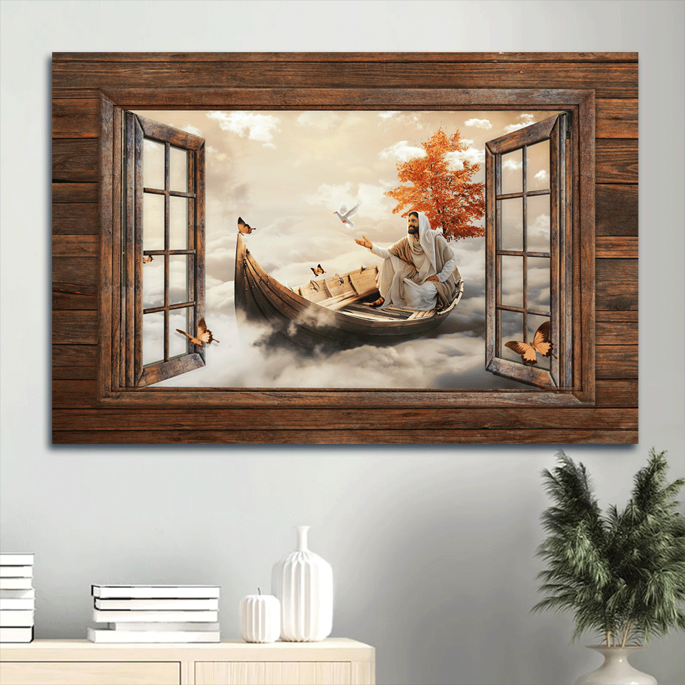 Jesus Landscape Canvas- Amazing Jesus Christ, Beautiful Boat, Monarch Butterfly, Jesus Painting Canvas- Gift For Christian