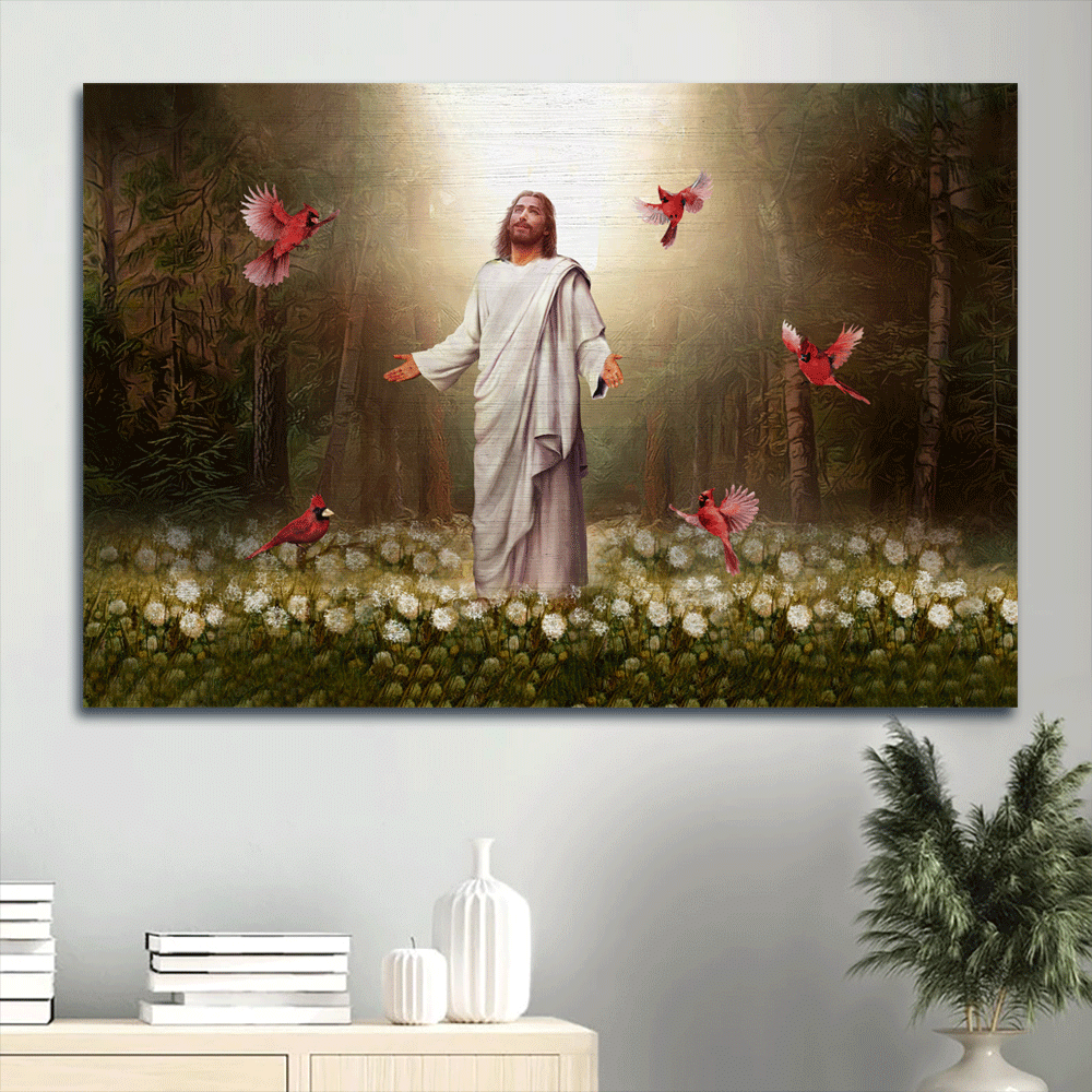 Jesus Landscape Canvas- Amazing Forest, Jesus Painting, Pretty Cardinal, Beautiful Dandelion Field Landscape Canvas- Gift For Christian