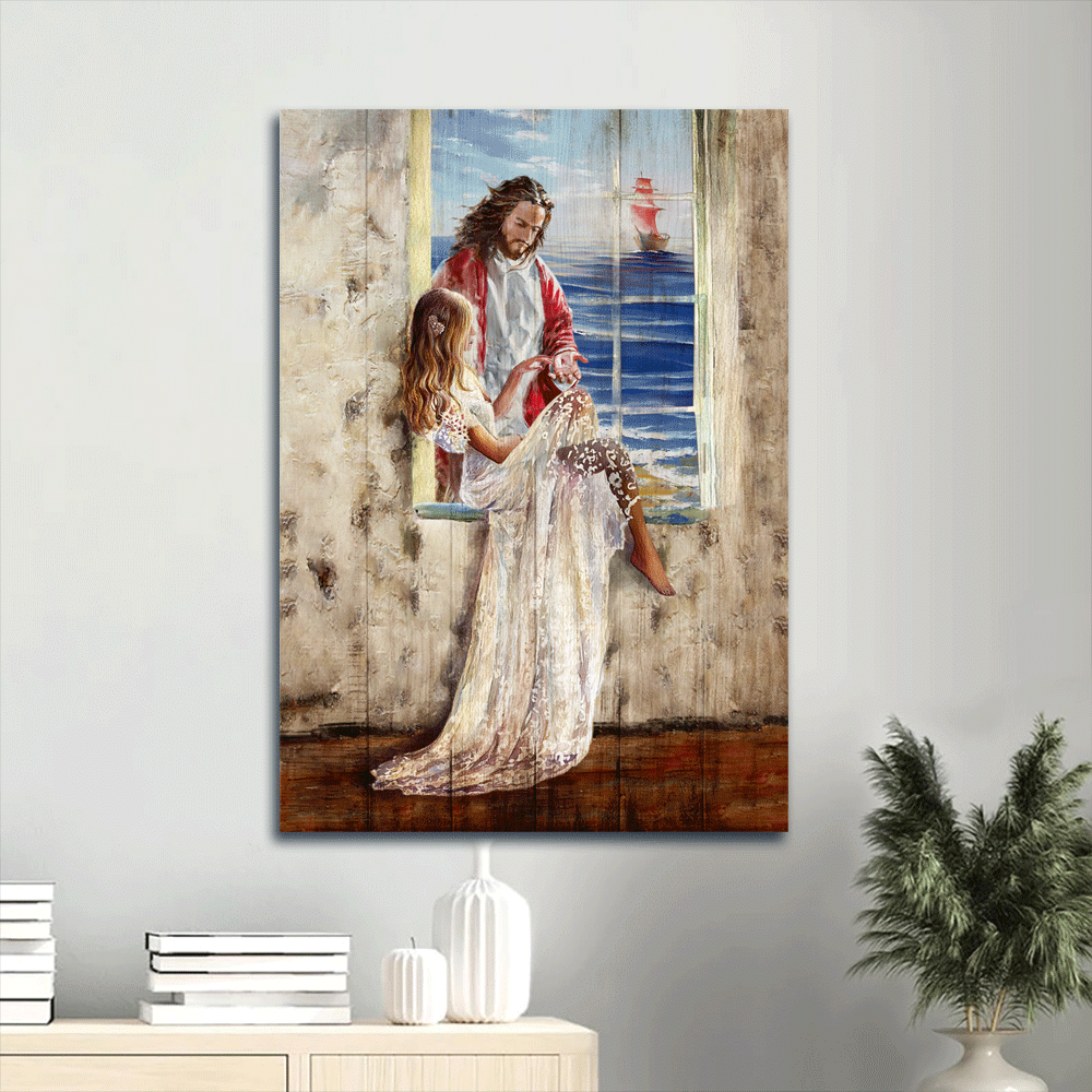 Jesus Portrait Canvas- Abstract Art, Christ The Redeemer, Beautiful Girl, Blue Ocean, Wooden Sailboat Portrait Canvas- Gift For Religious Christian