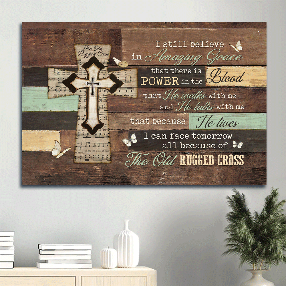 Jesus Landscape Canvas- Amazing Grace, Music Sheet , Wall Planks, White Butterfly Landscape Canvas- Gift For Christian- The Old Rugged Cross