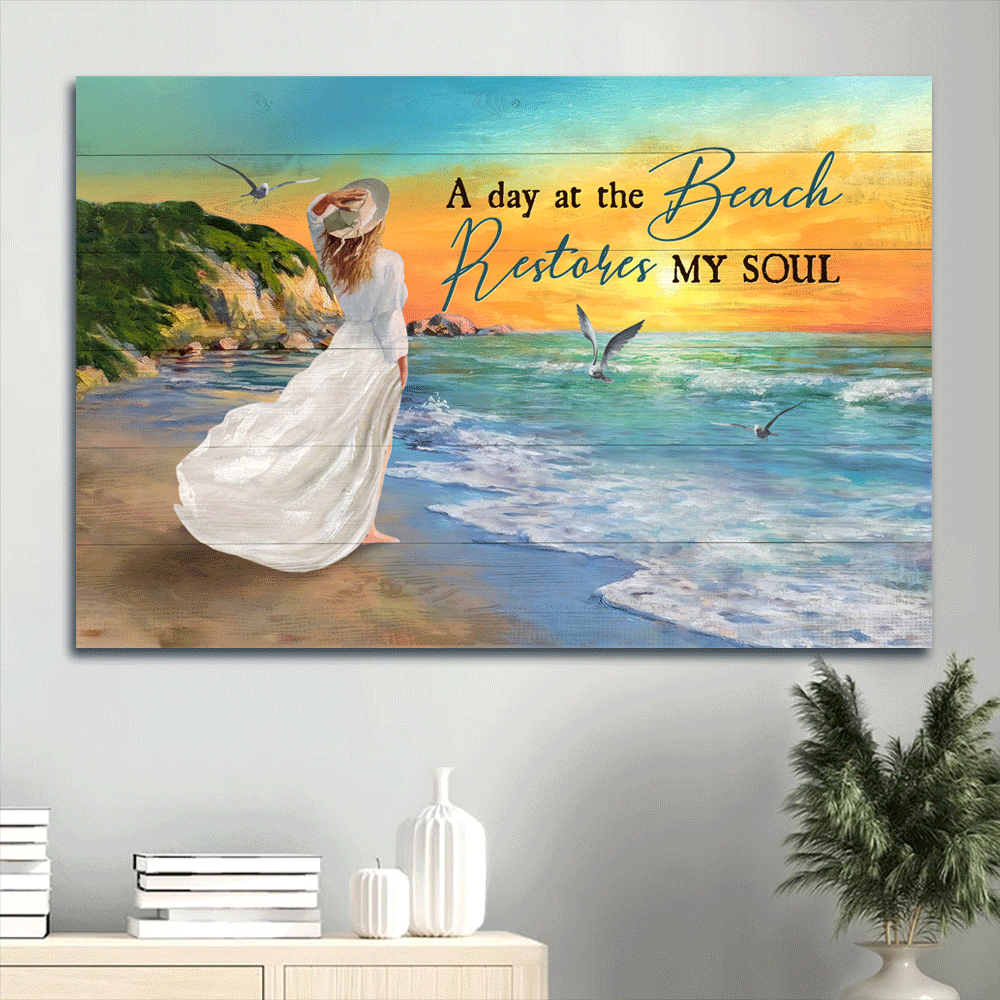 Jesus Landscape Canvas- Amazing Girl, Pretty Sunset, Blue Beach Landscape Canvas- Gift For Christian- A Day At The Beach Restores My Soul