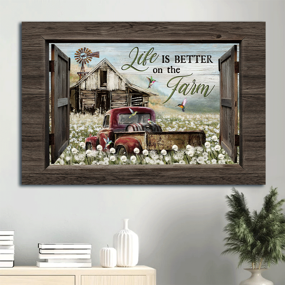 Farm Landscape Canvas- Awesome Hummingbird, Red Truck, Old Barn, Dandelion Field Canvas- Gift For Farm Lover- Life Is Better On The Farm