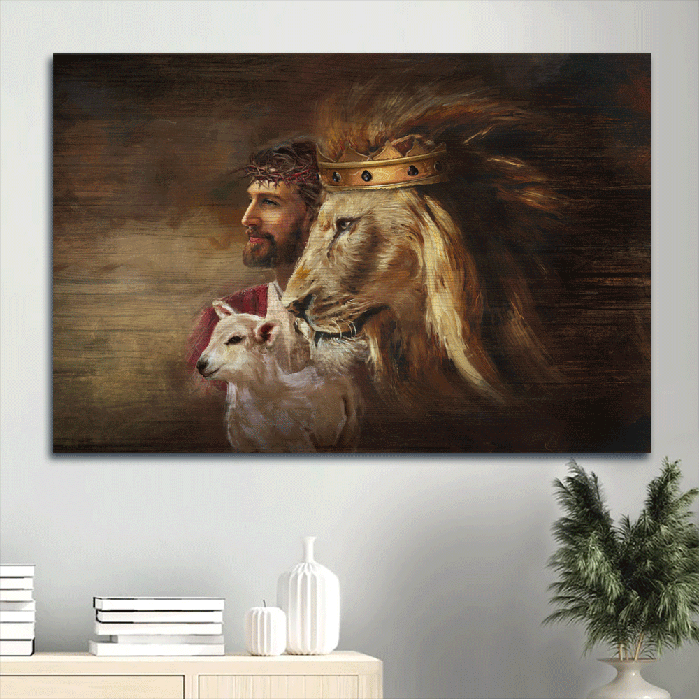 Jesus Landscape Canvas- Amazing Jesus Painting, Lion Artwork, Watercolor Lamb, Unique Crown Canvas- Gift For Christian