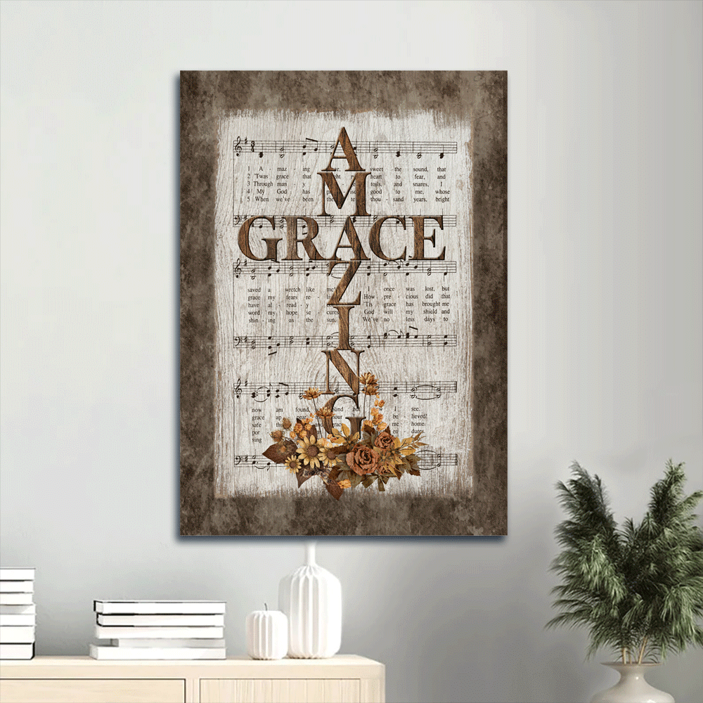 Jesus Portrait Canvas- Amazing Grace Song, Vintage Flower, Jesus Cross Portrait Canvas- Gift For Christian