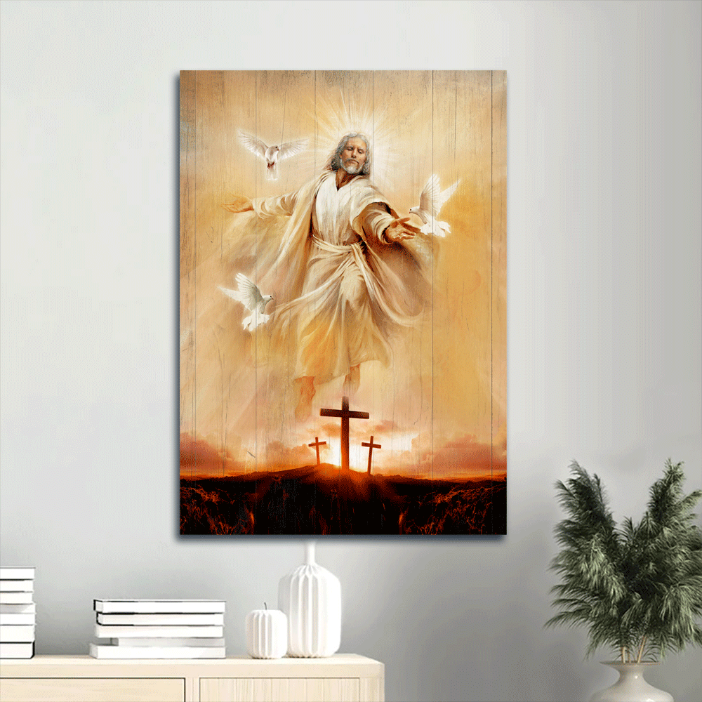 Jesus Portrait Canvas- Amazing Jesus Painting, Pretty Dove Drawing, Orange Sunset, Wooden Cross Canvas- Gift For Christian