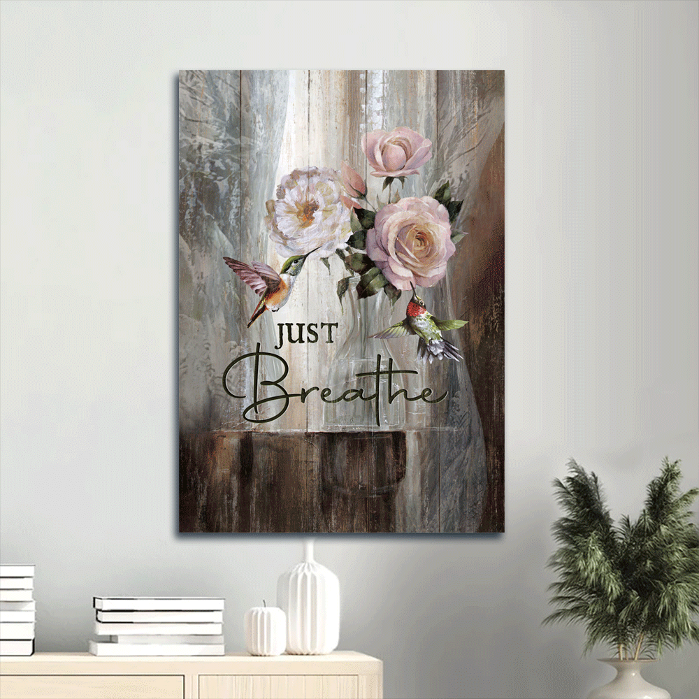 Jesus Portrait Canvas- Abstract Art, Hummingbird Drawing, Rose Painting, White Peony Portrait Canvas- Gift For Religious Christian- Just Breathe