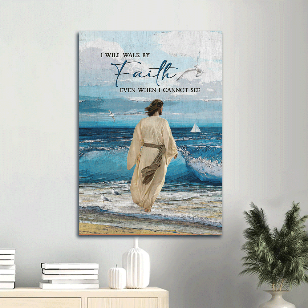 Jesus Portrait Canvas- Amazing Jesus Painting, Stunning Ocean, Seagull Canvas- Gift For Christian- I Will Walk By Faith