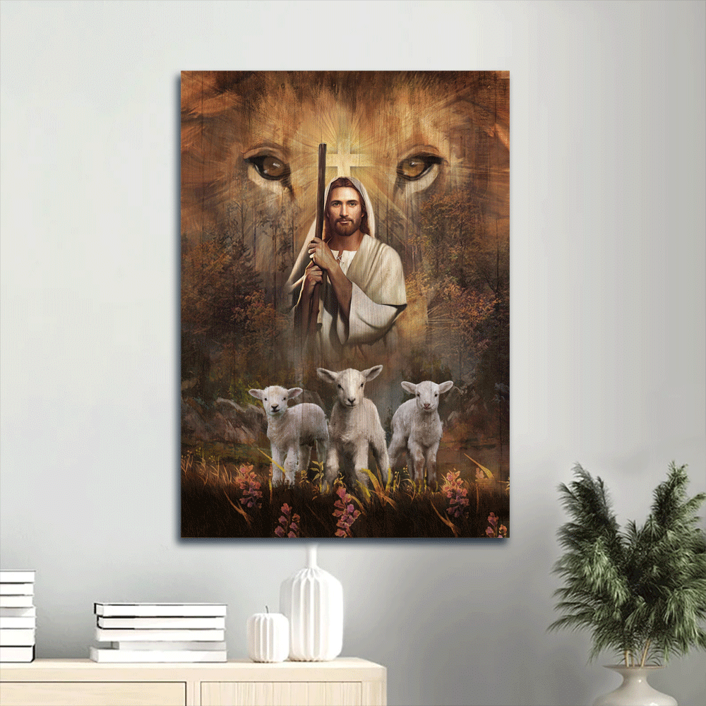 Jesus Portrait Canvas- Amazing Jesus Painting, White Lamb, Lion's Eyes, Walking With Jesus Canvas- Gift For Christian