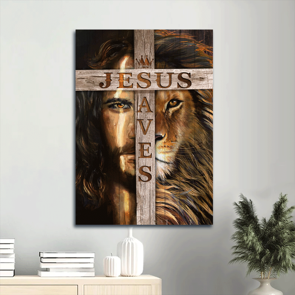 Jesus Portrait Canvas- Abstract Art, Jesus Painting, Lion Of Judah, Wooden Cross Portrait Canvas- Gift For Religious Christian- Jesus Saves