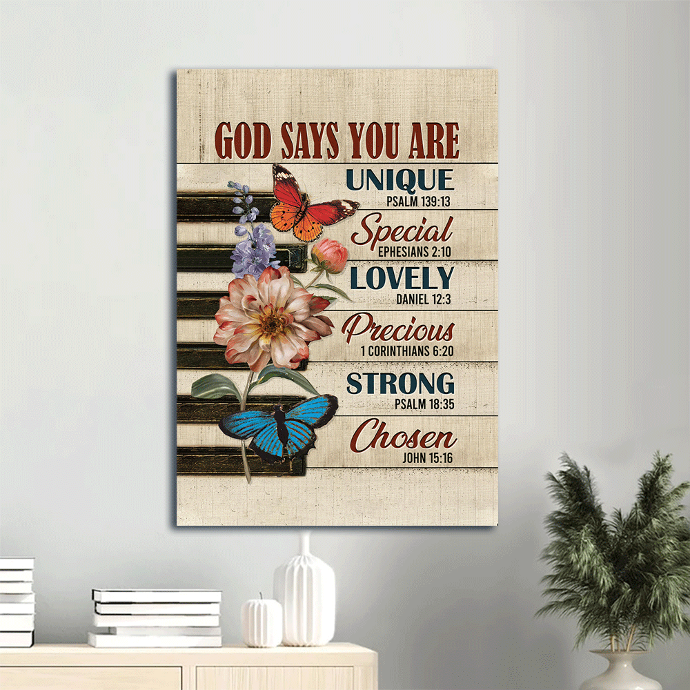 Jesus Portrait Canvas- Awesome Piano Keys, Gorgeous Butterfly, Bible Verse, Flowers Canvas- Gift For Christian- God Says You Are