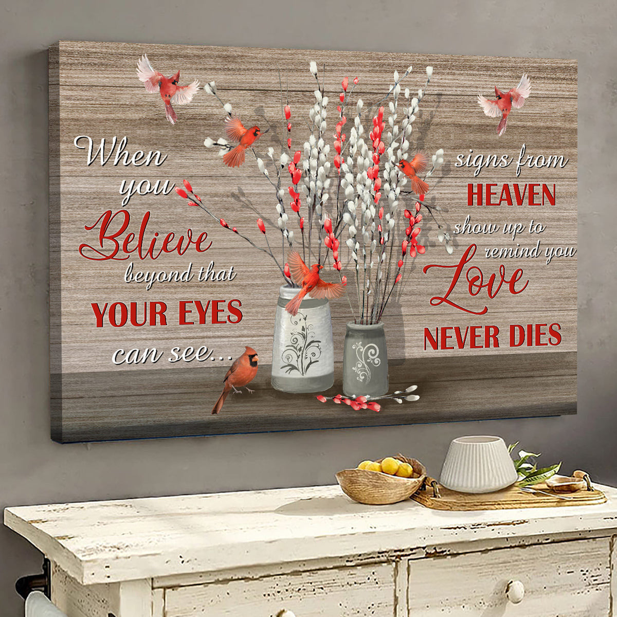 Memorial Landscape Canvas- Briar vases, Cardinal canvas- Gift for members family- When you believe beyond that your eyes can see signs from heaven