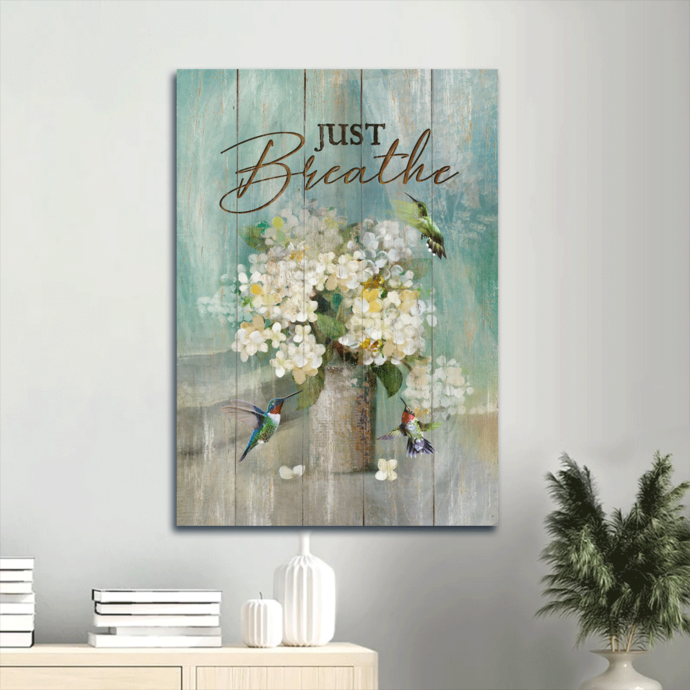 Jesus Portrait Canvas- Abstract Art, Watercolor Hummingbird, White Flower Painting Portrait Canvas- Gift For Religious Christian- Just Breathe