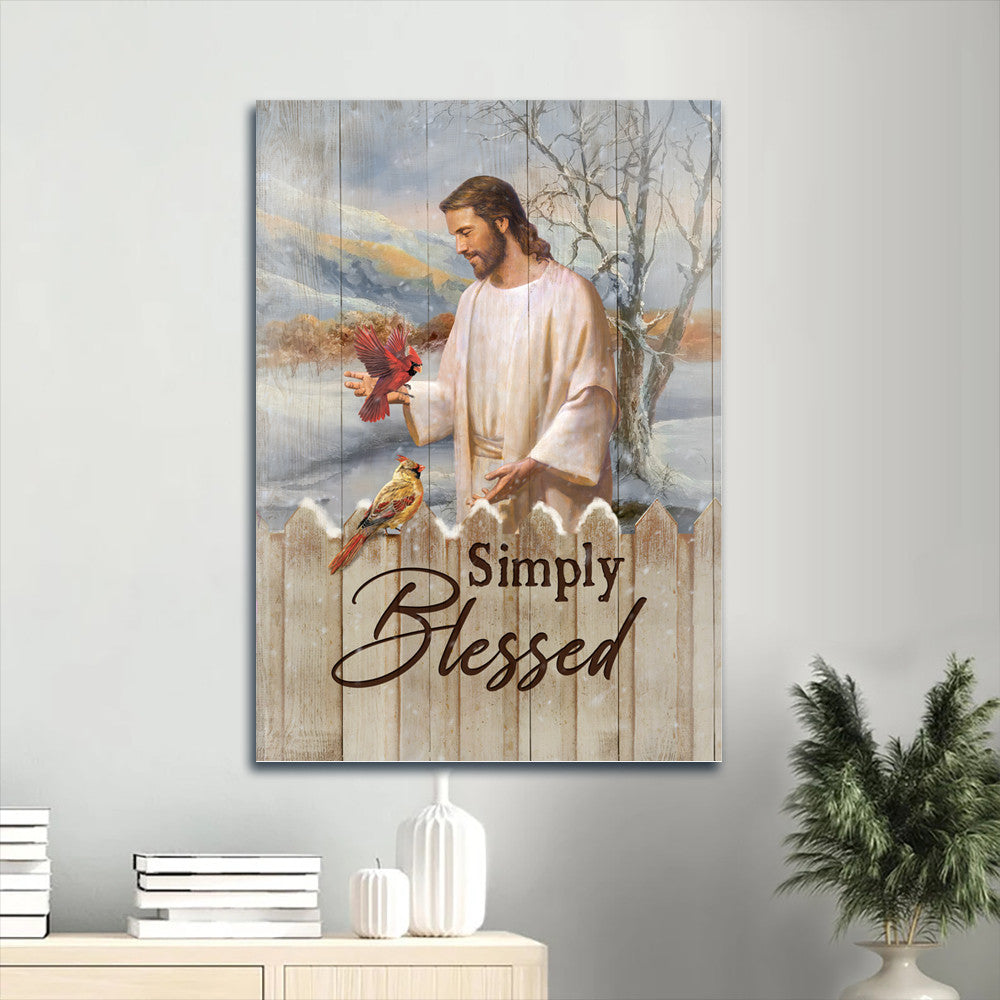 Jesus Portrait Canvas- Beautiful Jesus painting, Pretty cardinal, Winter forest canvas- Gift for Christian- Simply blessed