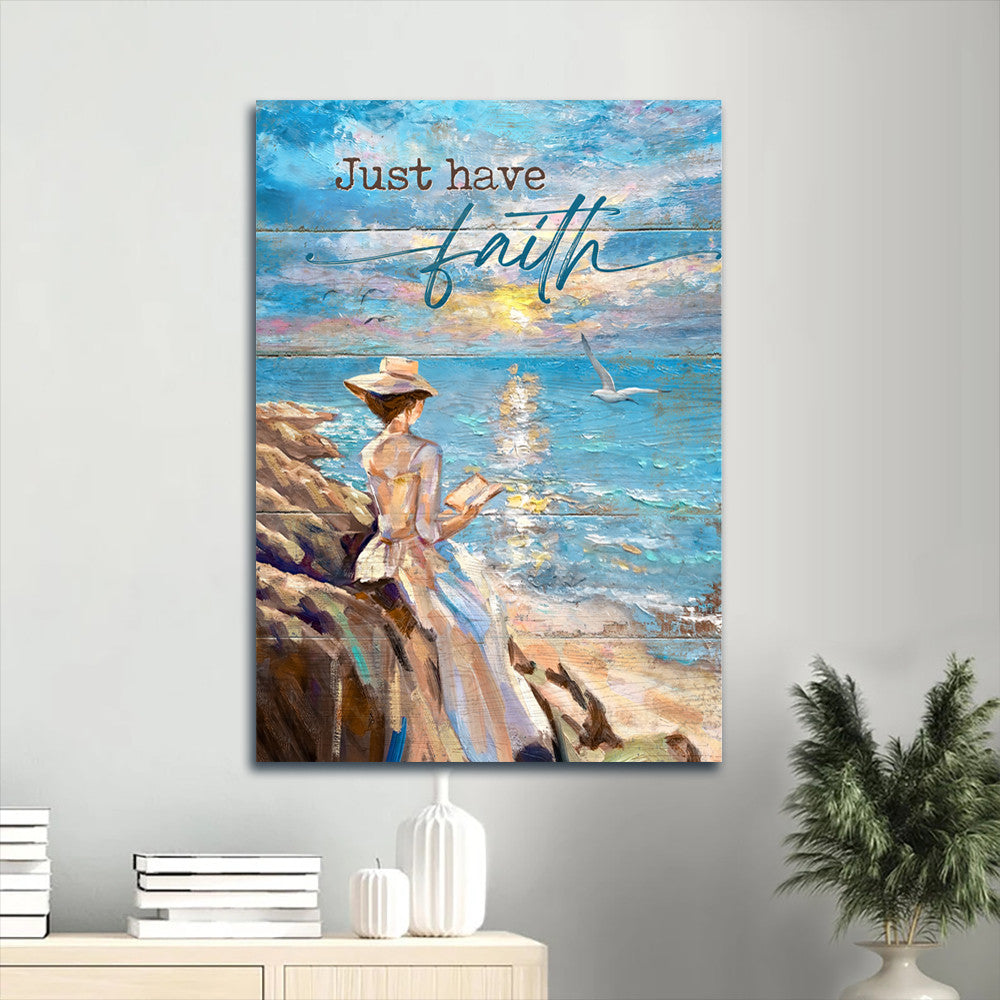 Jesus Portrait Canvas- Beautiful lady, Reading book, Sunrise ocean, Flying seagull canvas- Gift for Christian- Just have faith