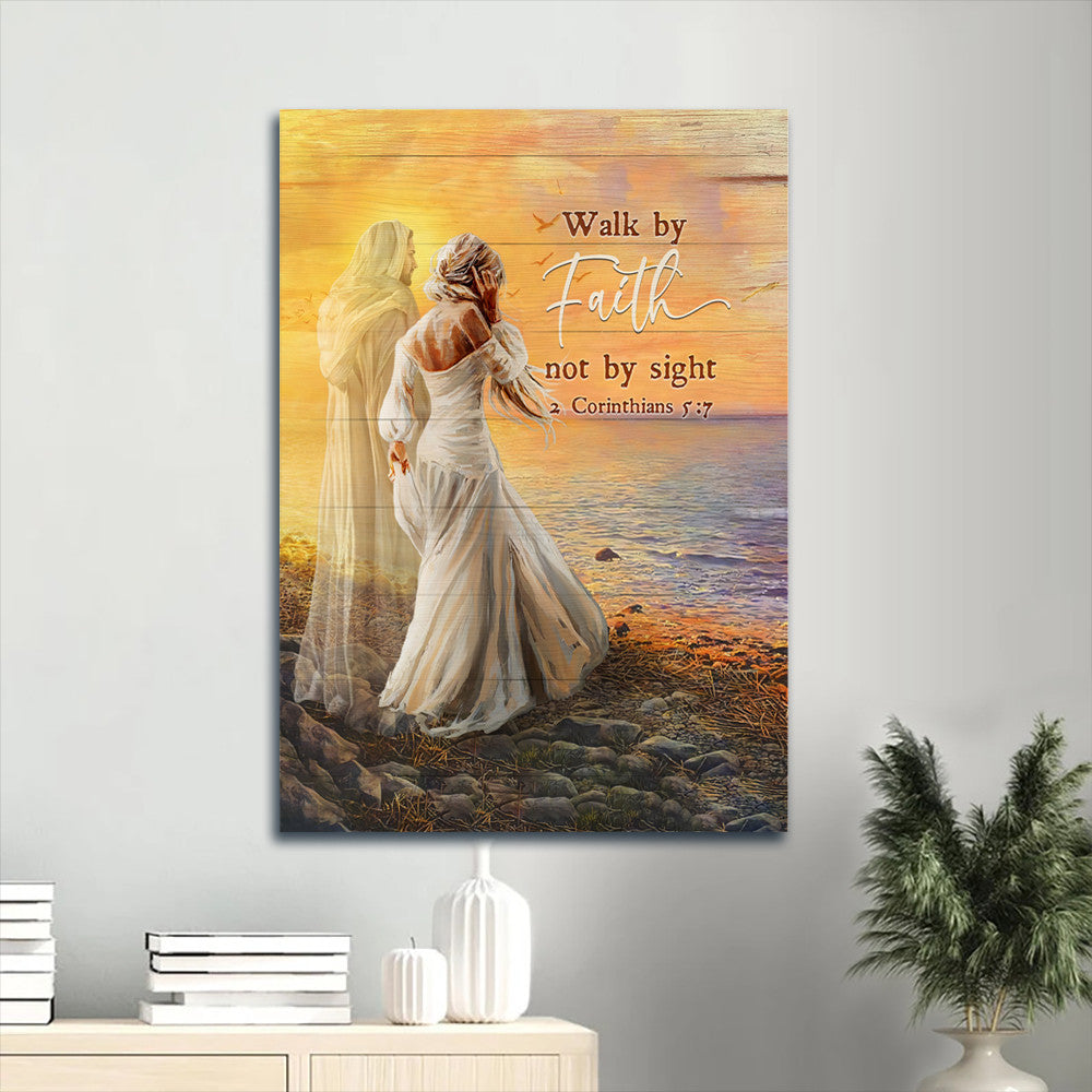 Jesus Portrait Canvas- Beautiful lady, walking with Jesus, Sea sunset canvas- Gift for Christian- Walk by faith not by sight