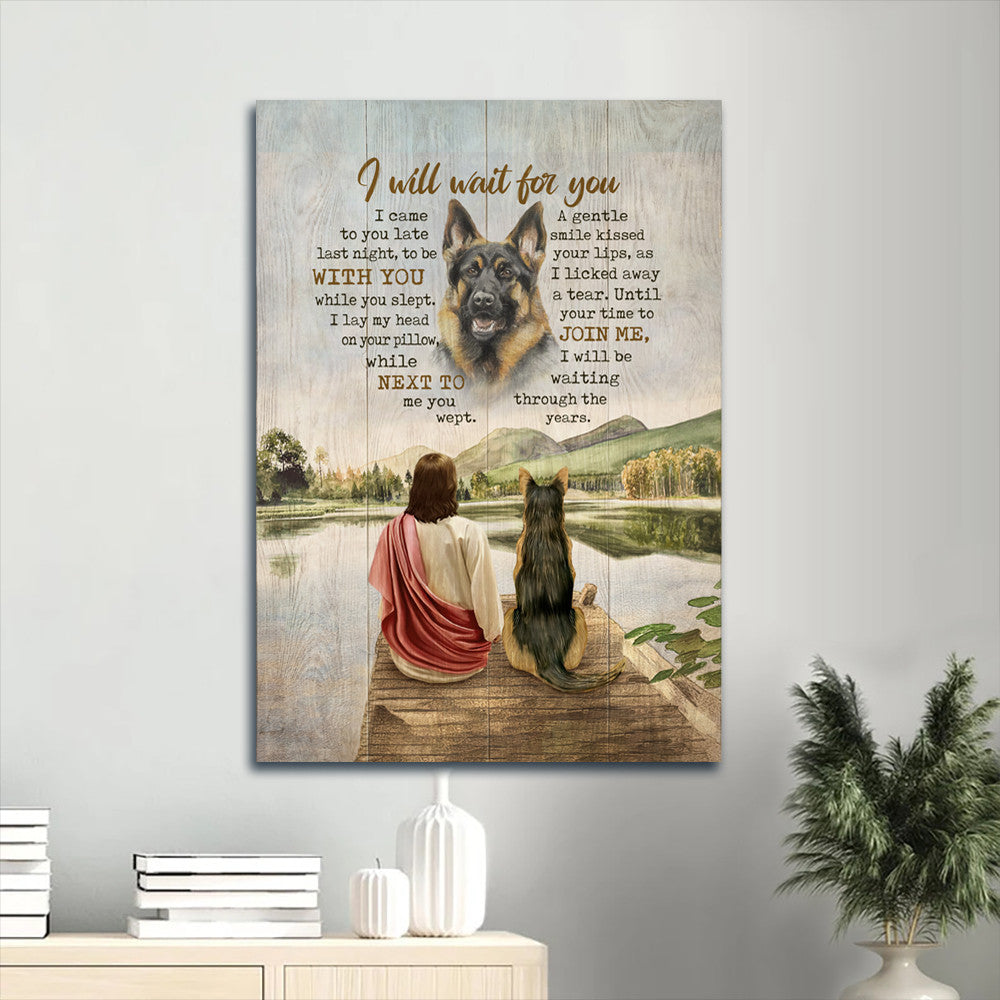 Jesus Portrait Canvas- Beautiful lake, German shepherd, Jesus drawing, dog painting canvas- Gift for Christian- I will wait for you