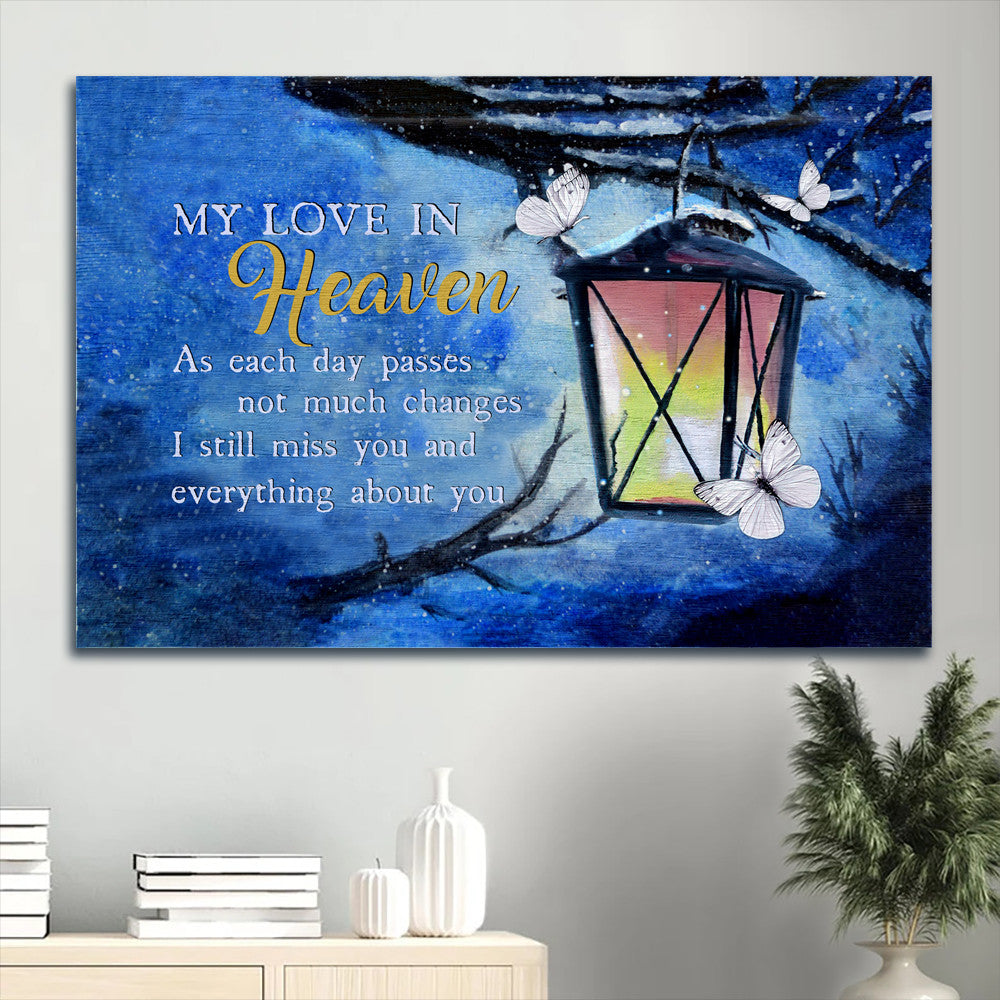 Memorial Landscape Canvas - Beautiful lantern, White butterfly, Blue night Landscape Canvas - Memorial Gift For Family Members - My love in heaven