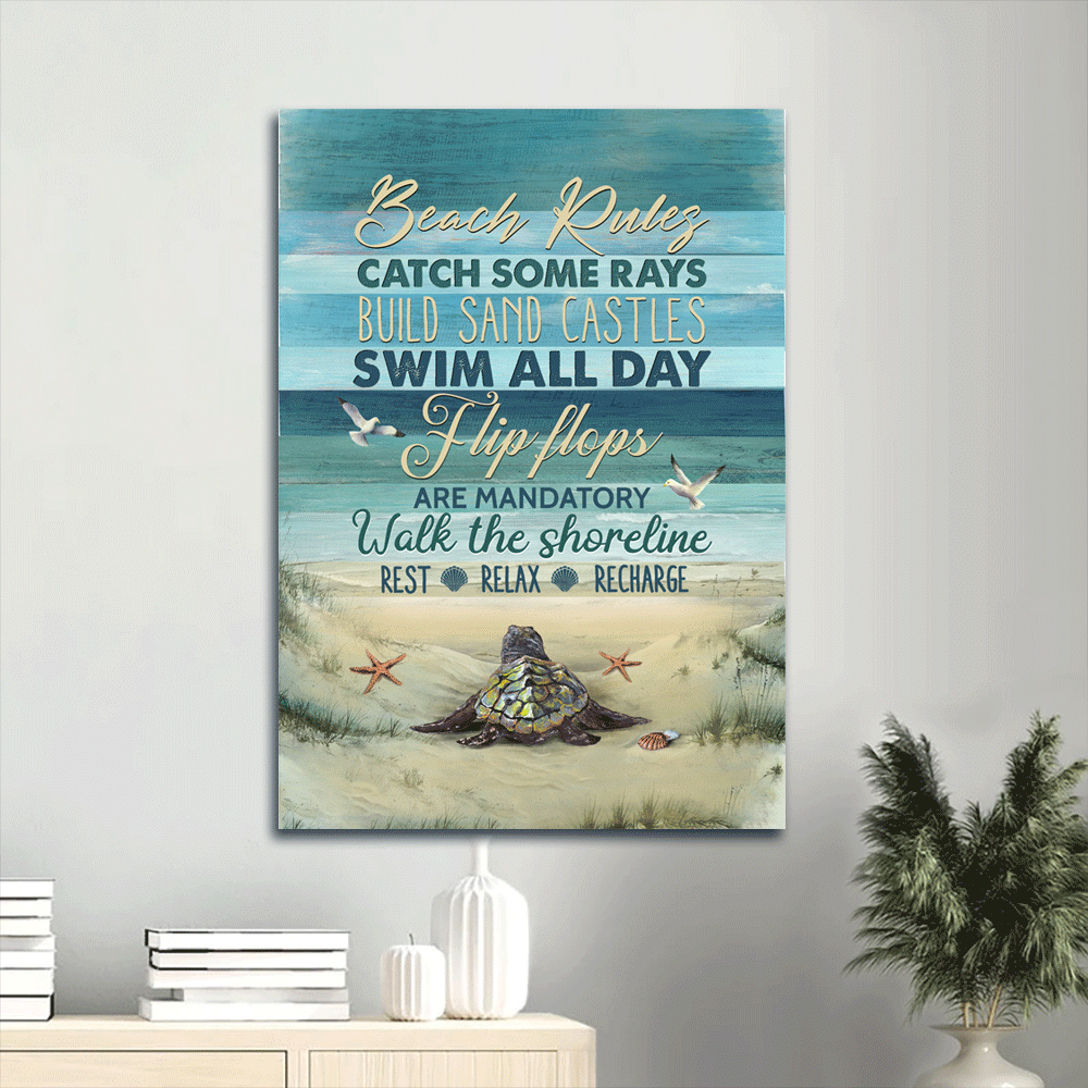 Jesus Portrait Canvas- Baby Sea Turtle, Sea Life, Seagulls Portrait Canvas- Gift For Christian- Beach Rules Canvas