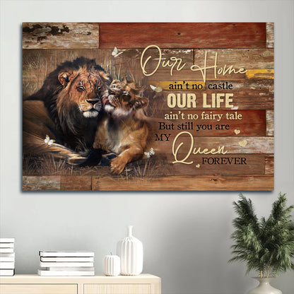 Couple Landscape Canvas- Beautiful couple lion drawing, Gold crown, Rice field canvas- Gift for couple, lover, husband. wife, boyfriend, girlfriend You are my queen forever