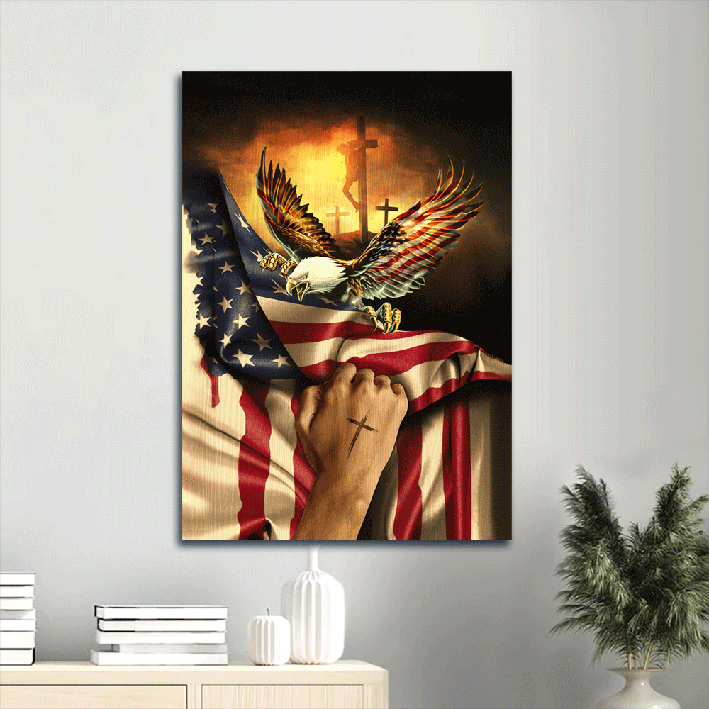 Jesus Portrait Canvas- Bald Eagle, American Flag, Jesus Christ On Cross, Take My Hand Portrait Canvas- Gift For Christian