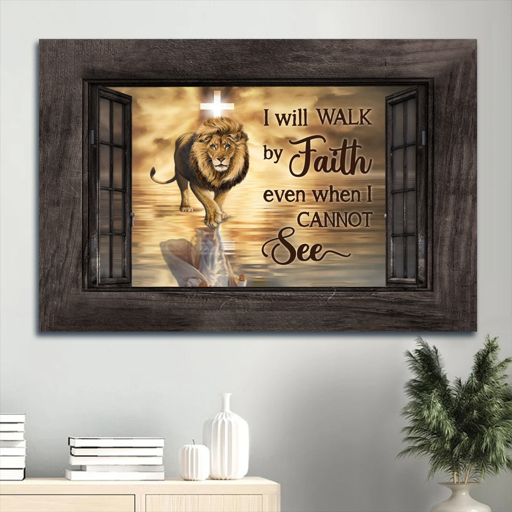 Jesus Landscape Canvas - Beautiful lion drawing, Orange sunset, Jesus symbol Landscape Canvas - Gift For Christian - I Will Walk by Faith