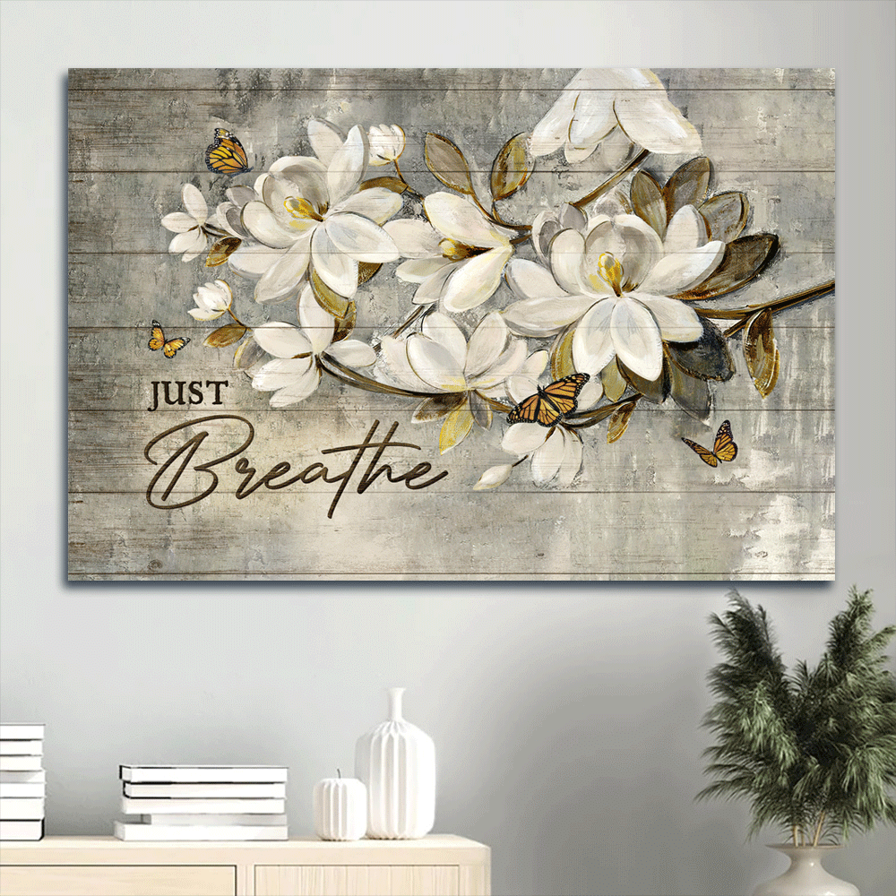 Jesus Landscape Canvas- Abstract Art, White Flower Painting, Monarch Butterfly Landscape Canvas- Gift For Religious Christian- Just Breathe