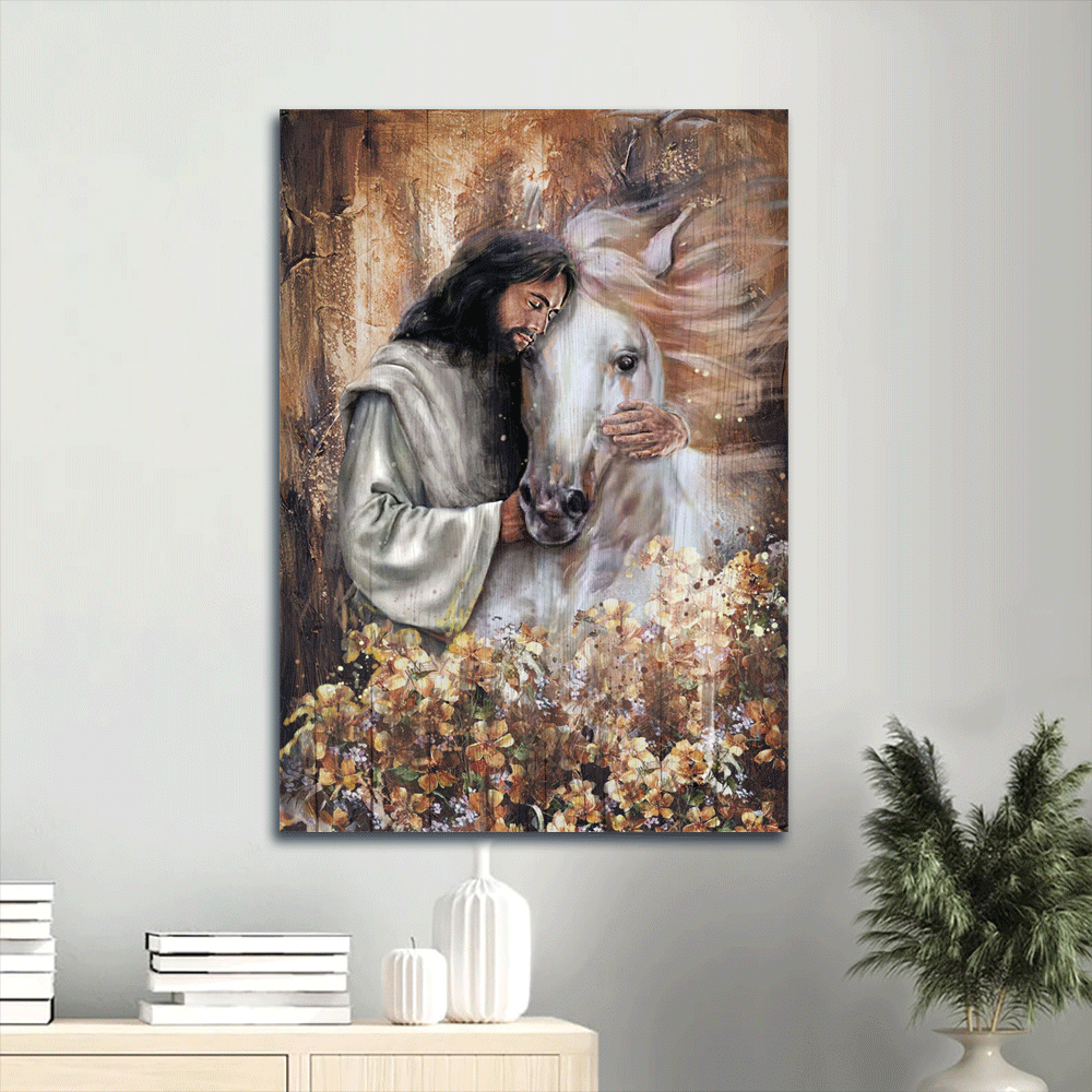 Jesus Portrait Canvas- Abstract Art, White Horse Drawing, Flower Garden, Jesus Hugging A Horse Portrait Canvas- Gift For Religious Christian