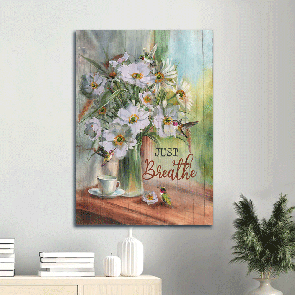 Jesus Portrait Canvas- Abstract Art, White Flower Painting, Watercolor Hummingbird Portrait Canvas- Gift For Religious Christian- Just Breathe