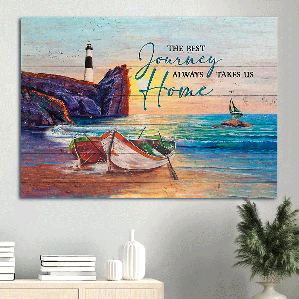 Family Landscape Canvas - Beautiful rock mountain, Pretty sunset, Boat Landscape Canvas - Gift For Family member - The best journey always take us home