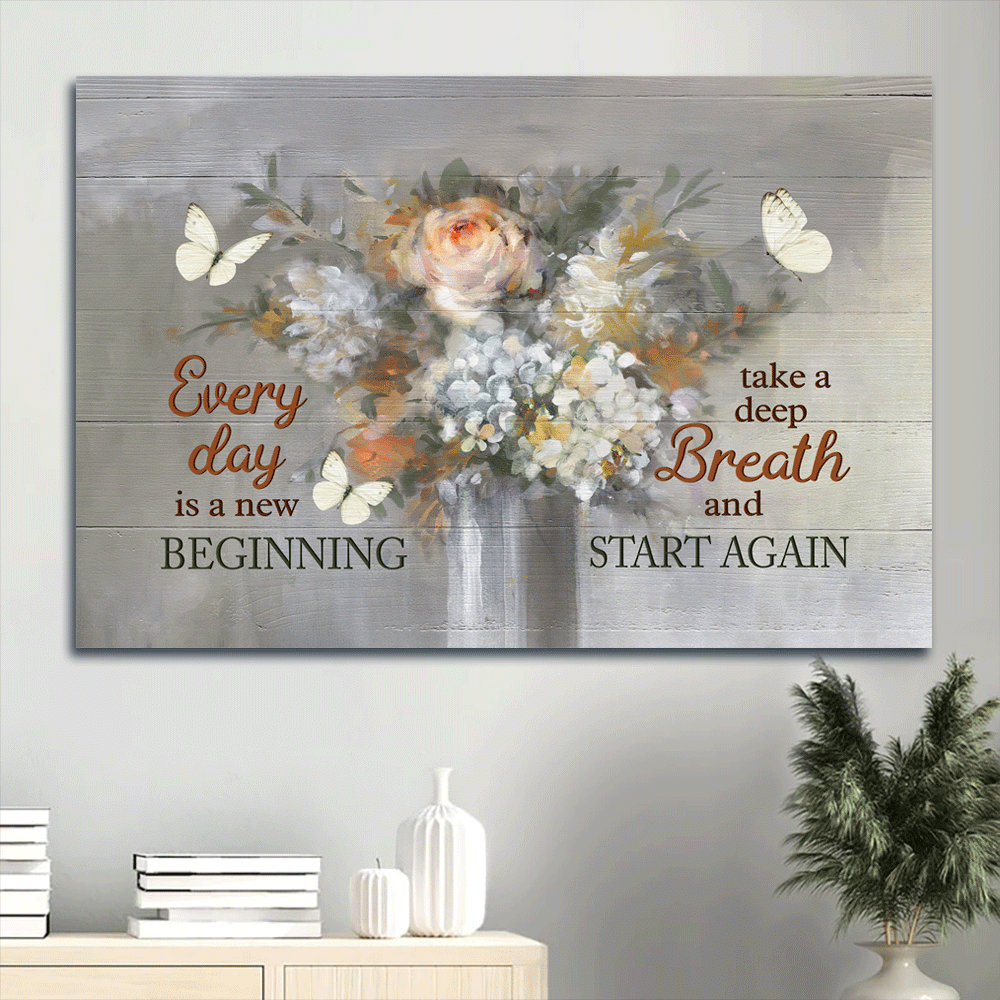 Jesus Landscape Canvas- Abstract Flower, White Butterfly, Motivational Quote Landscape Canvas- Gift For Religious Christian- Every Day Is A New Beginning