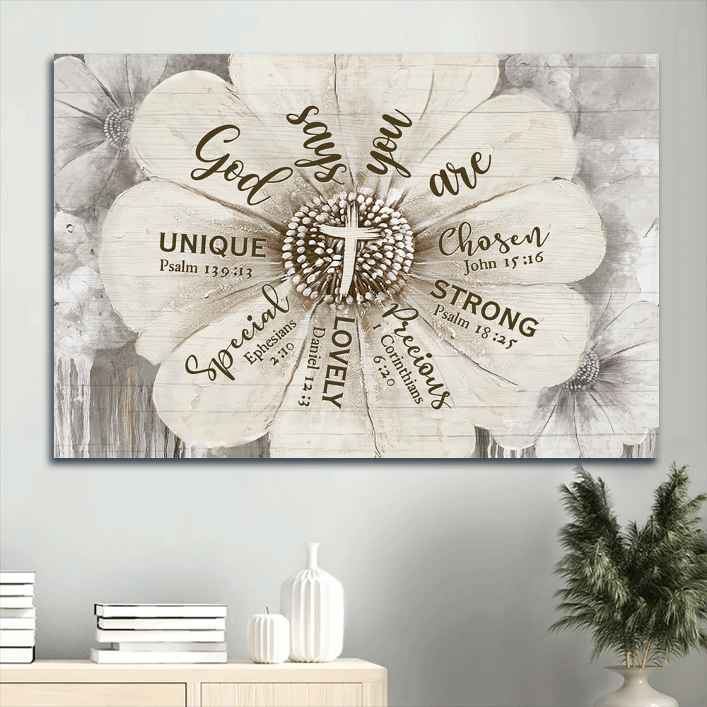 Jesus Landscape Canvas- Abstract Flower Painting, Vintage Drawing, Bible Verse Landscape Canvas- Gift For Religious Christian- God Says You Are