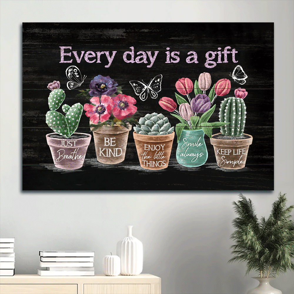 Jesus Landscape Canvas- Abstract Flower Painting, Rustic Cactus, Tulip Flower, Butterfly Landscape Canvas- Gift For Religous Christian- Every Day Is A Gift