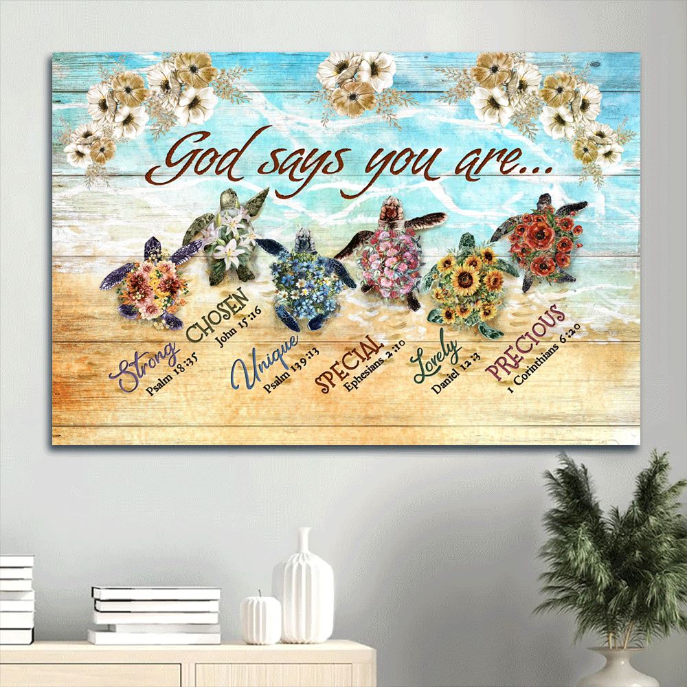 Jesus Landscape Canvas- Abstract Flower Painting, On The Beach, Sea Turtles, Bible Verse Landscape Canvas- Gift For Religious Christian- God Says You Are