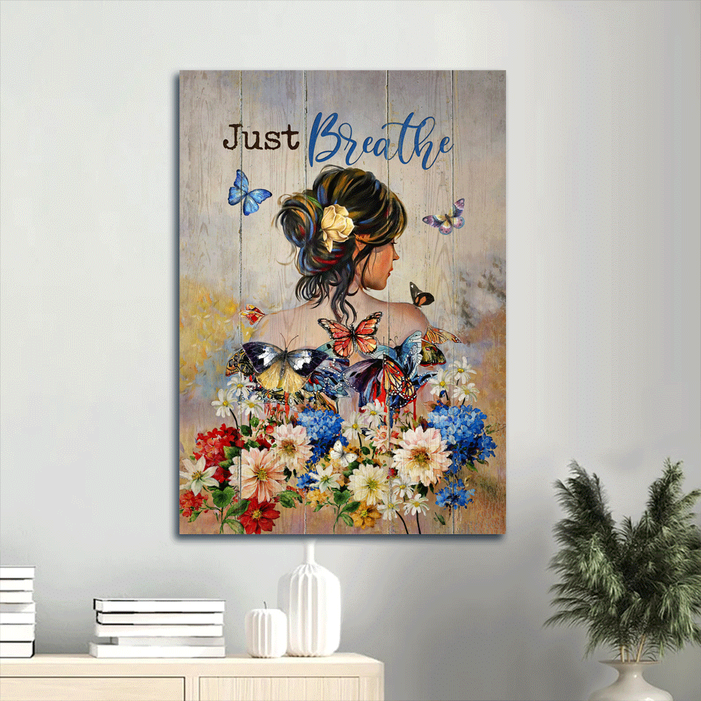 Jesus Portrait Canvas- Beautiful girl, Colorful butterfly, Flowers garden, Just breathe canvas- Gift for Christian