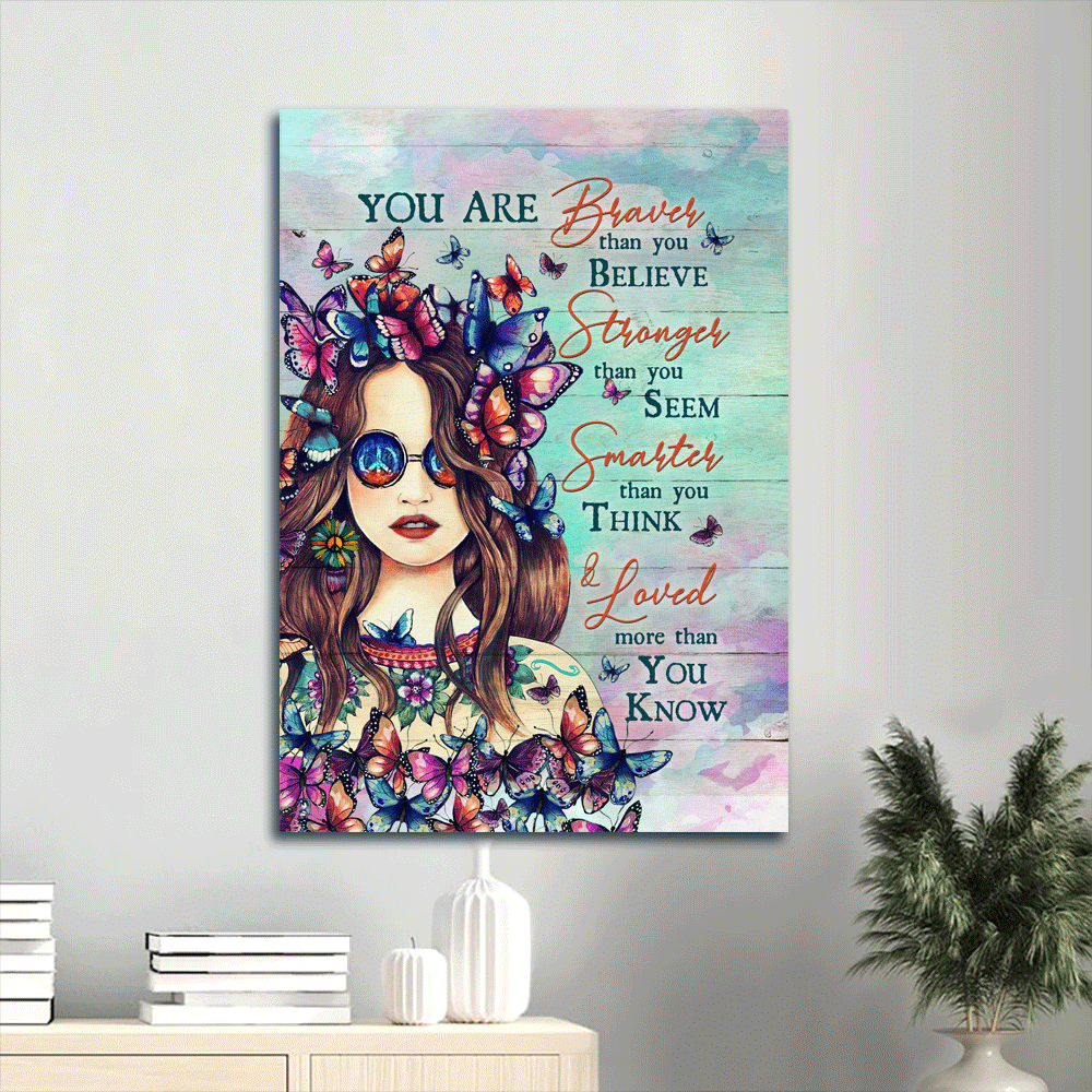 Jesus Portrait Canvas- Beautiful girl, Colorful butterfly canvas- Gift for Christian- You are braver than you believe